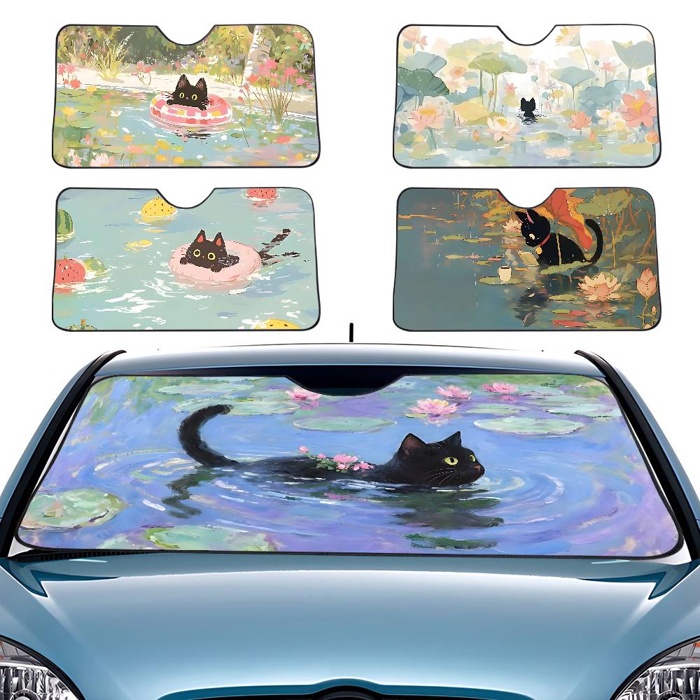 Cartoon Cat In Lotus Leaf Car  - Windshield Sun Shade ulasan dan harga