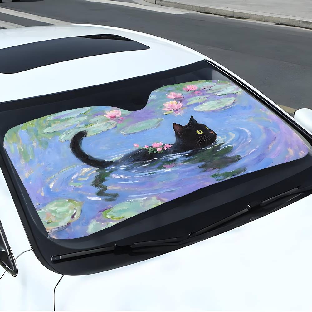 Cartoon Cat In Lotus Leaf Car  - Windshield Sun Shade ulasan dan harga